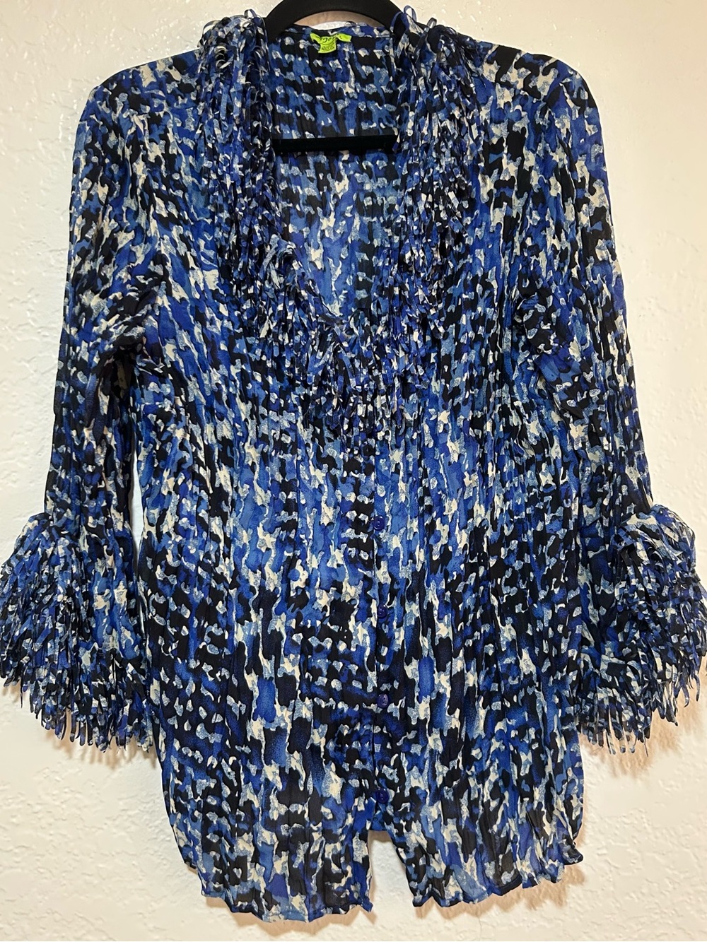 Agora Blue, Black & White Abstract Ruffle-Tier button down blouse